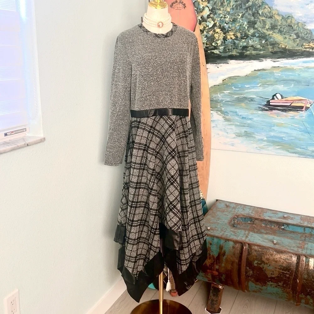 VTG CHI CHI,Asymmetric Plaid Mixed Media Knit Dress,Faux Leather-Hem,USA Size XL